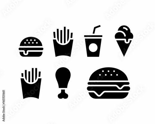 Collection of fast food icons including burgers fries drink and ice cream silhouette isolated on white background