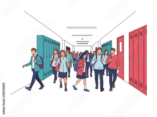 School Corridor Gathering: Illustrative perspective, with students strolling down the hallway, creating dynamic illustrative of education scene.