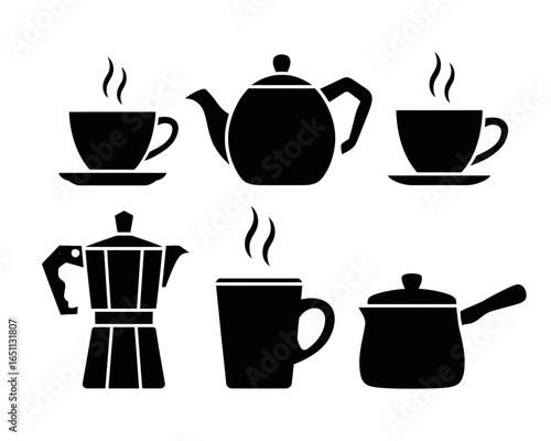 Collection of coffee and tea making vessels and cups silhouette isolated on white background