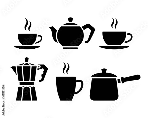 Collection of coffee and tea drinkware silhouettes isolated on white background