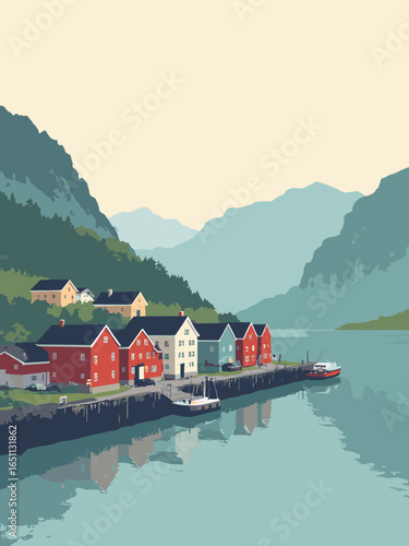 Bergen – Bryggen wharf houses and mist-wrapped mountains, palette: barn red, fjord teal, slate, moss green