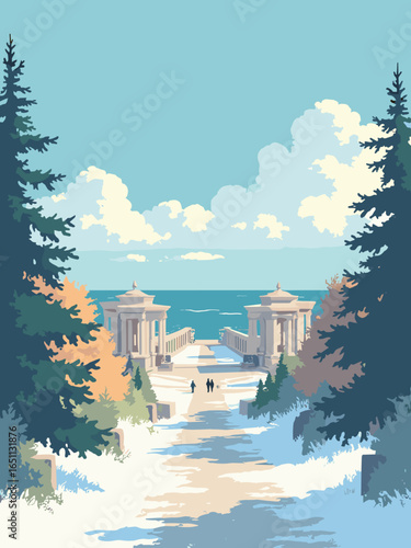 Helsinki – Senate Square and neoclassical colonnades with sea view, palette: granite, snow white, sea blue, pine