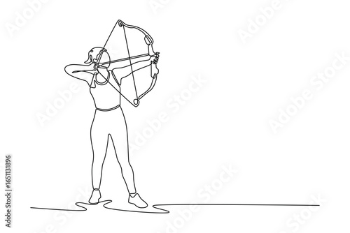 Continuous line drawing attractive woman with a bow and arrow. Showcasing elegant poise and intense concentration required for the sport of archery. Single line draw design vector graphic illustration