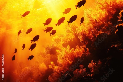 Wallpaper Mural Underwater scene showcasing a school of fish swimming near coral reefs bathed in golden sunlight. Torontodigital.ca