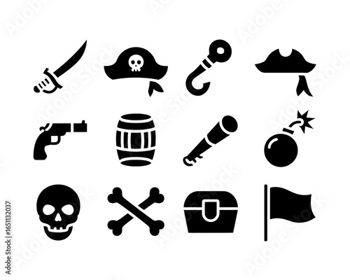 Collection of pirate themed icons including a sword skull and treasure chest silhouette isolated on white background