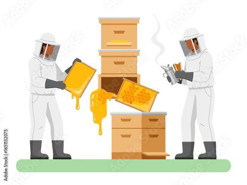 Busy Beekeeper at Work: Capturing two beekeepers in action, extracting golden honey from honeycomb frames within a bustling apiary, showcasing the dedicated work of apiculture.