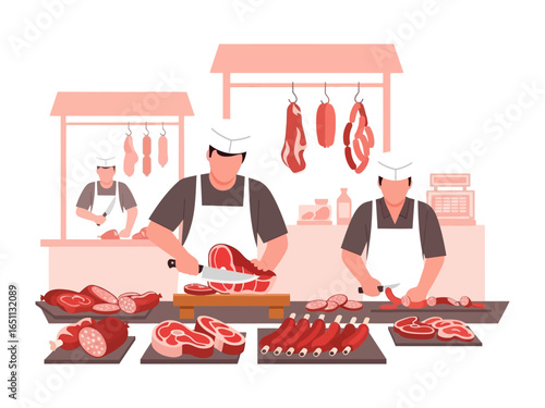 Artisan Butchers at Work: A visual feast showcasing skilled artisan butchers meticulously preparing cuts of meat in a traditional butcher shop setting, emphasizing freshness and quality.