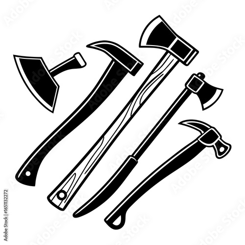 Black silhouette collection of axes and hammer on white background tool cutting tool