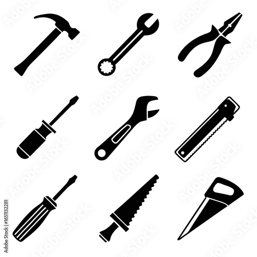 Black silhouette illustrations of hammer pliers adjustable wrench screwdrivers and saws