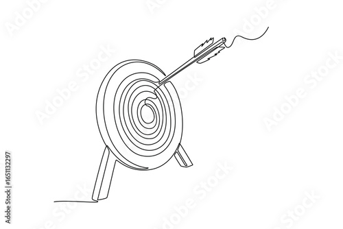 Continuous line drawing a single arrow hits near the center of a target. Symbolizing accuracy, a great shot, and the pursuit of a well-defined goal. Single line draw design vector graphic illustration