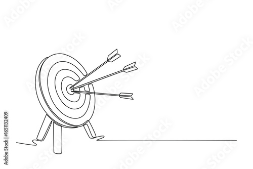 Continuous line drawing of a target with three arrows in the center rings symbolizes high accuracy, precision, and the focused achievement of goals. Single line draw design vector graphic illustration