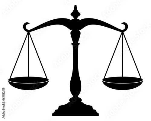 Classic black silhouette of justice scales balanced on a white background isolated on white background