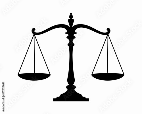 Black silhouette of justice scales balancing on a white background isolated on white background