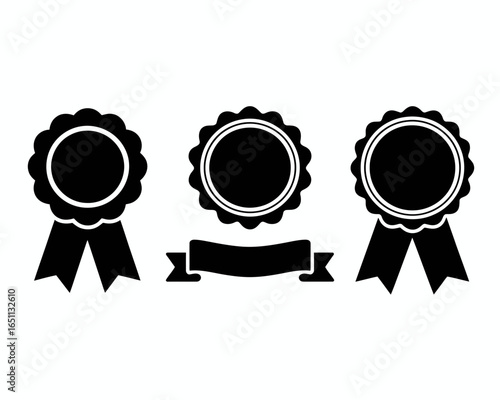 Collection of black rosette award ribbons and banner silhouette isolated on white background