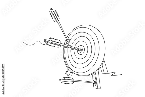 Single line drawing of archery target with two arrows hitting the mark and one arrow in the ground. Symbolizing hitting goals and importance of aiming. One line draw graphic design vector illustration