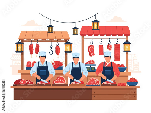 Butchers at Market: A trio of skilled butchers expertly prepare various cuts of meat at a bustling marketplace, showcasing fresh produce and culinary artistry.