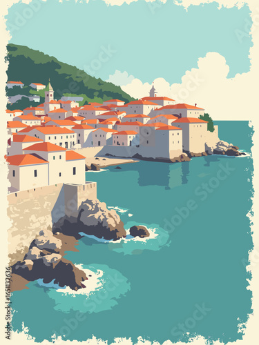 Dubrovnik – City walls and orange roofs above Adriatic turquoise, palette: terracotta, sea teal, limestone white, shadow charcoal
