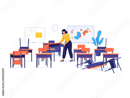Unrest in the Classroom: A visual narrative capturing the aftermath of chaos and disruption in an educational environment, where a teacher attempts to restore order amidst the disarray.