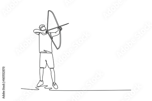 Single line drawing focused male archer is captured aiming traditional recurve bow. Symbolizing precision, sport, and the spirit of competition. Continuous line draw design graphic vector illustration