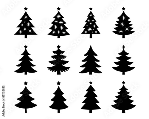 Collection of twelve diverse christmas tree silhouettes with stars isolated on white background silhouette