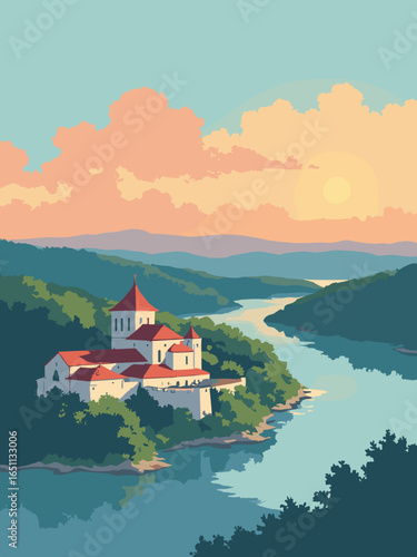 Belgrade – Kalemegdan fortress and confluence of Sava and Danube, palette: fortress stone, river blue, park green, dusk amber