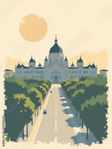 Bucharest – Palace of the Parliament silhouette and grand boulevards, palette: concrete cream, slate, lamp gold, ivy green