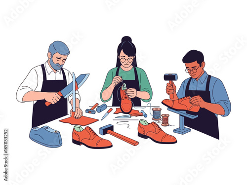 Artisan's Craft: Illustrative snapshot of skilled artisans meticulously crafting elegant footwear, highlighting the precision and passion behind the art of shoemaking. 