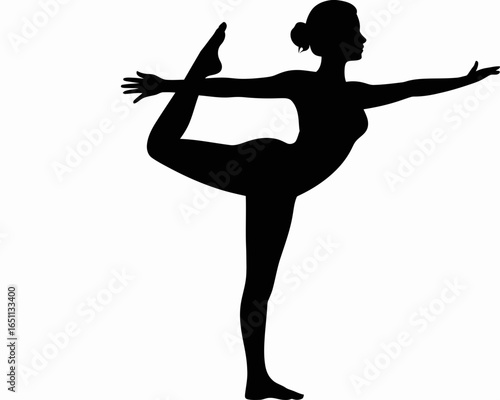 Silhouette of a woman performing a yoga dancer pose isolated on white background