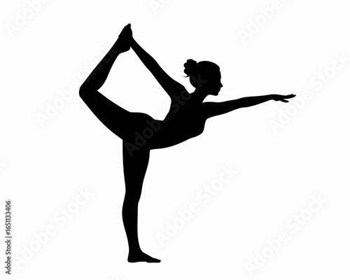 Graceful silhouette of a woman performing yoga dancer pose isolated on white background