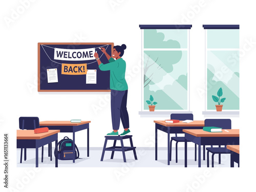Welcome Back Preparation in Classroom: A student prepares a classroom for welcoming students by putting a welcome back banner on the board. The classroom setup includes desks, windows.