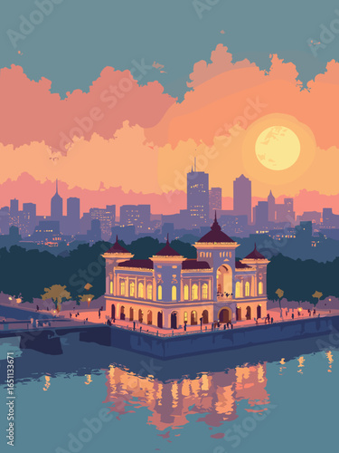 Ho Chi Minh City (Saigon) – Saigon River skyline and historic post office facade at dusk, palette: neon amber, river brown, stucco yellow, slate