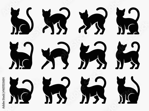 Collection of black cat silhouettes in various poses isolated on white background