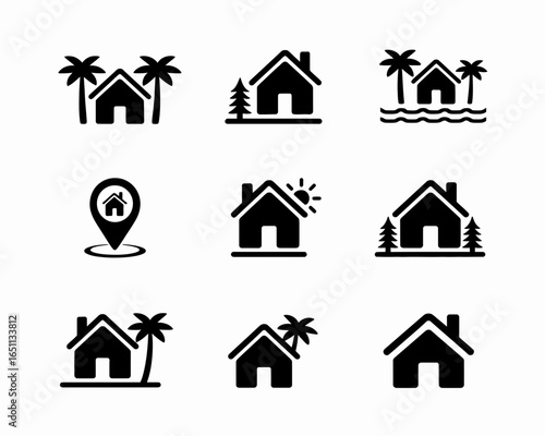 Collection of house icons with palm trees trees water sun and location pin silhouette isolated on white background