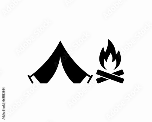 Camping tent and bonfire silhouette isolated on white background
