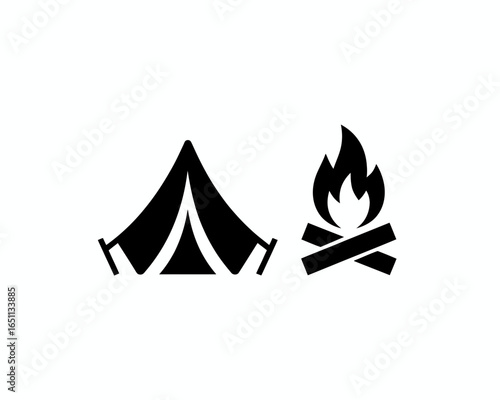 Camping tent and bonfire silhouette icons isolated on white background