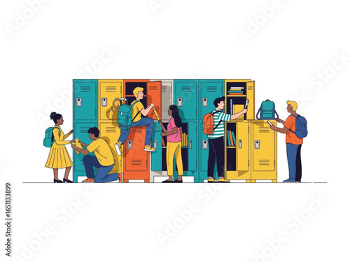 School Locker Room: A vibrant illustration of a school locker room scene, depicting a diverse group of students interacting with lockers and each other, evoking the energy and dynamics of school life.