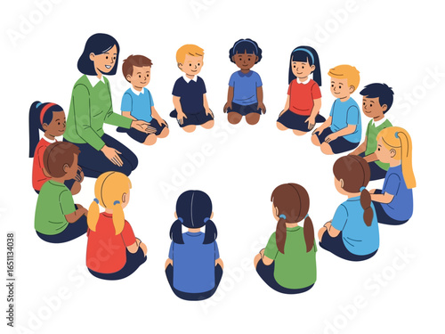 Circle of Learning: A kind teacher guides a diverse group of children, seated in a circle during a educational gathering. Illustrating the beauty of inclusivity, understanding.