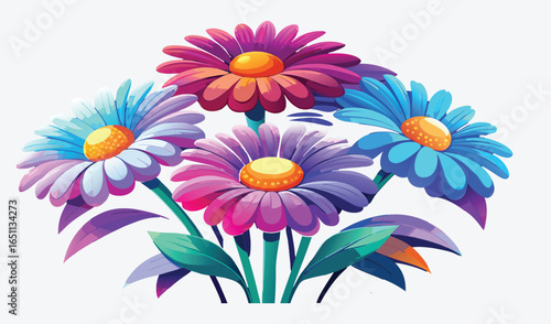 A beautiful bouquet of colorful daisies and pink asters with purple and yellow blossoms