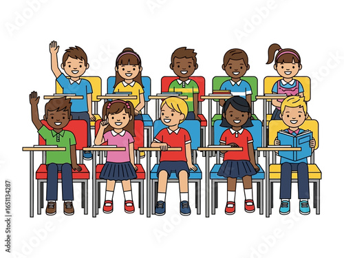 School Classroom Scene: A vibrant illustration depicts a classroom filled with diverse students, engaged in learning, with some raising their hands, while others study diligently.