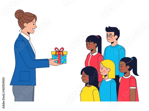 Sharing of Gift: An illustrative scene depicts a woman joyfully bestowing a beautifully wrapped gift upon a gathering of young people, celebrating generosity and festive giving.