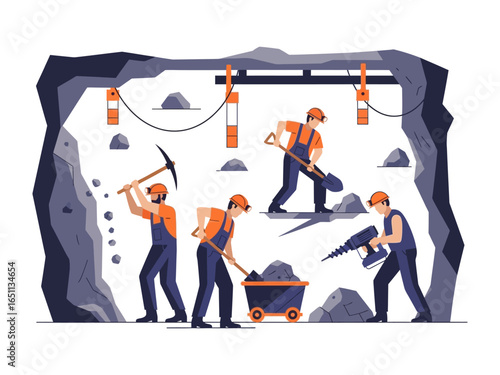 Mining: A team of miners working tirelessly in a mine, excavating and transporting materials, reflecting the industry's industrious spirit.