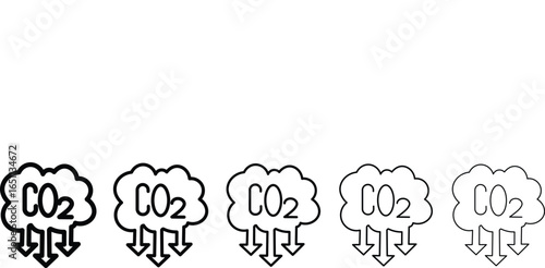 Cloud co2 reduction vector icons. Cloud co2 symbol with down arrow vector outline and silhouette icon set. Reduce co2 gas icon set
