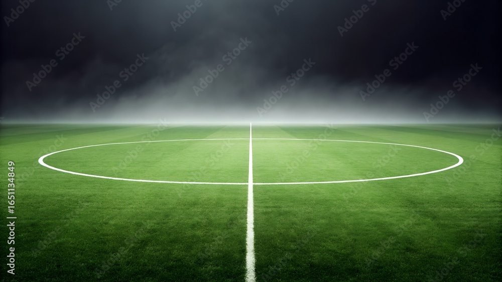 Obraz premium Foggy Soccer Field Center Circle | Dramatic Kickoff Scene, Green Turf, Game Atmosphere