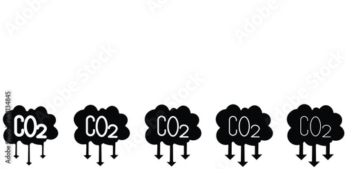 Cloud co2 reduction vector icons. Cloud co2 symbol with down arrow vector outline and silhouette icon set. Reduce co2 gas icon set