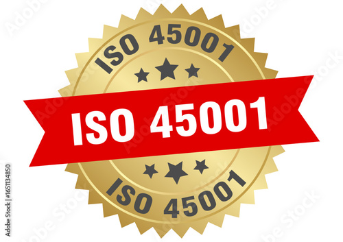 iso 45001. iso 45001 round red and gold label isolated on transparent background