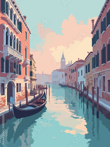 Venice – Gondola moored by Venetian palazzo with canal reflections at dawn, palette: lagoon teal, fresco pink, marble white, shadow charcoal