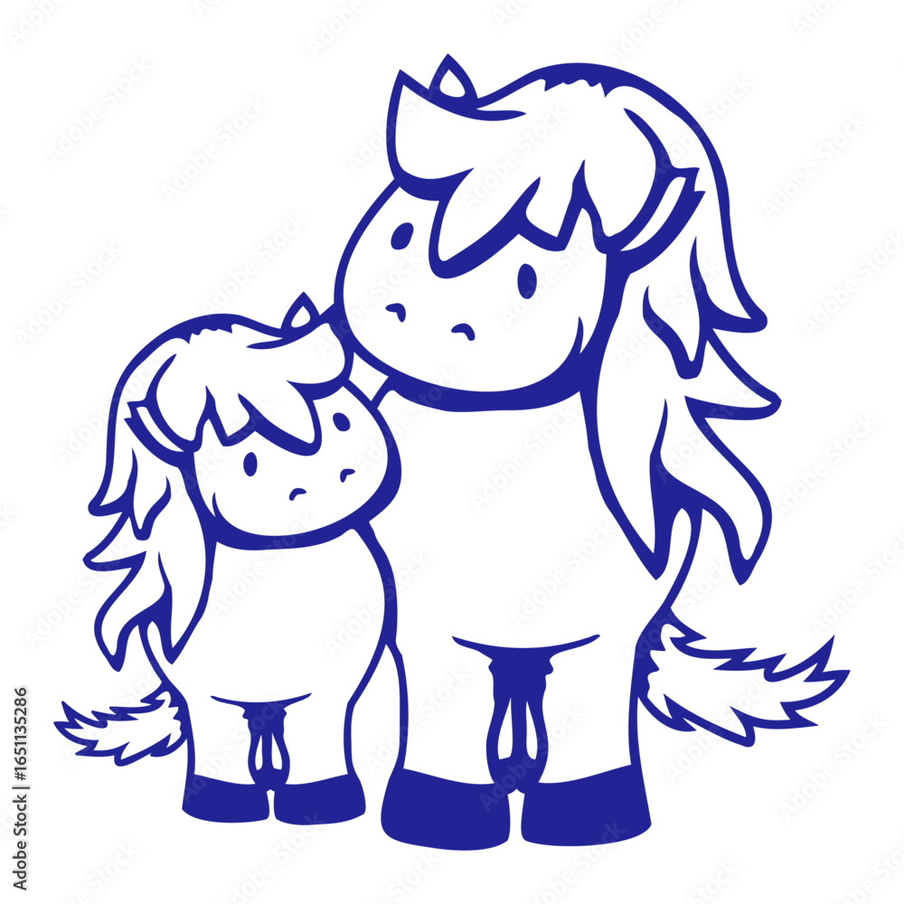 Fototapeta premium 2 cute horses child family mum dad mother father