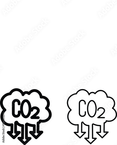 Cloud co2 reduction vector icons. Cloud co2 symbol with down arrow vector outline and silhouette icon set. Reduce co2 gas icon set