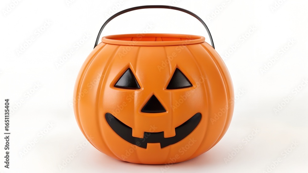 Fototapeta premium Orange Plastic Pumpkin Bucket with Jack-o'-Lantern Face | Halloween Trick-or-Treat Icon, Festive Candy Container, Spooky Smile Design, Seasonal Decor Element, Black Handle Detail, Holiday Symbol