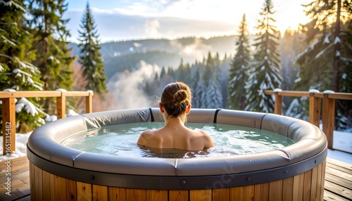 Woman Relaxing in Hot Tub with Mountain View during Winter Sunset